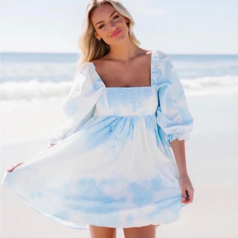 Judith March Blue and White Puff Sleeve Dress Size Medium